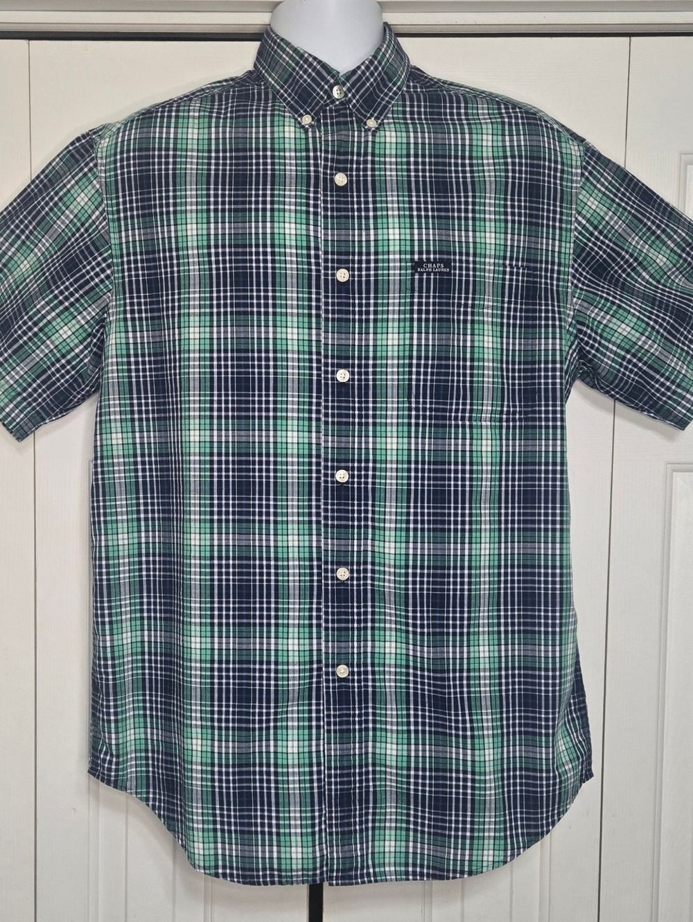 Chaps Ralph Lauren Plaid Shirt Mens M Green Navy Blue Gingham Check Casual S/S